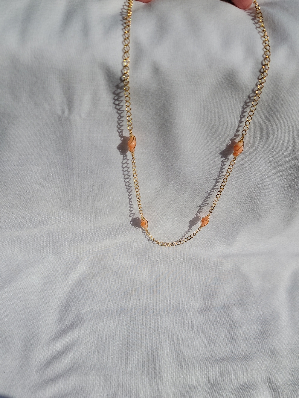 Vintage Avon Gold Tone Chain Necklace with Peach Bead Accents - Women Jewelry